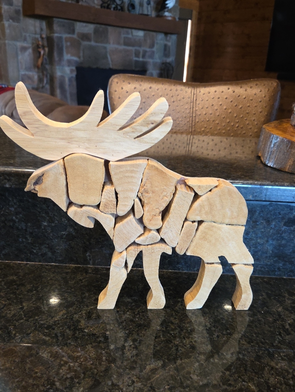 Handcrafted Wooden Moose Puzzle Figurine - Natural Wood